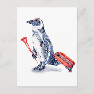 Cartão Postal Pinguim Africano com Suitcase