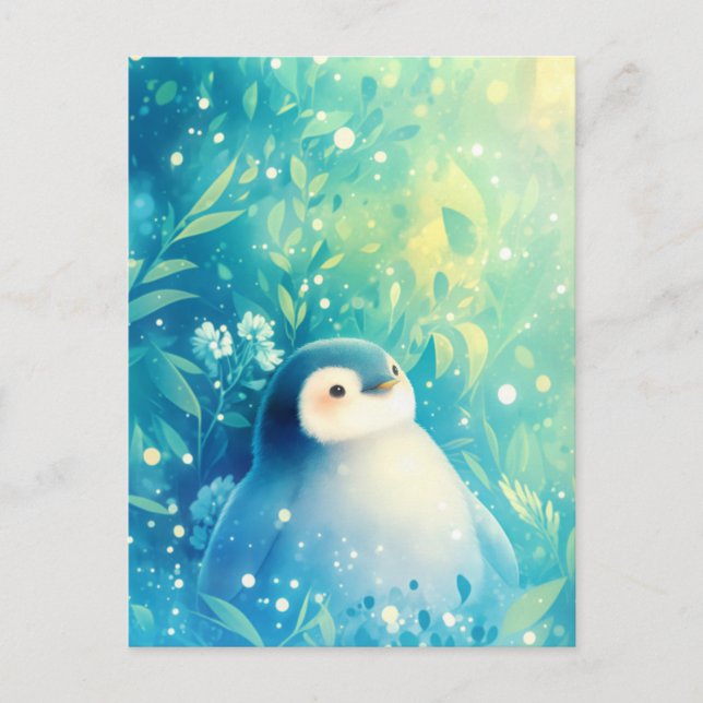 Cartão Postal Pinguim Bebê Fofo no Jardim de Flores Turquesa (Frente)