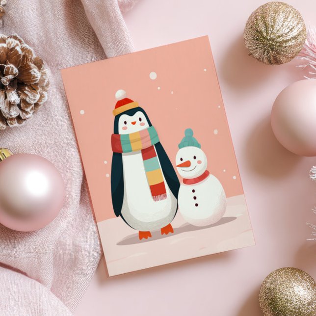 Cartão Postal Pinguim bonitinho com o Natal Rosa do Pastel Snowm (Criador carregado)