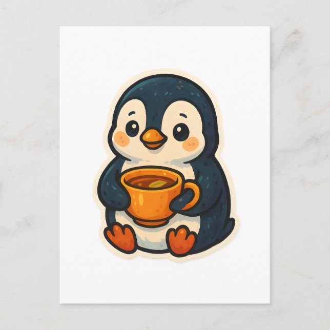 Cartão Postal Pinguim bonito com uma xícara de chá (Frente)