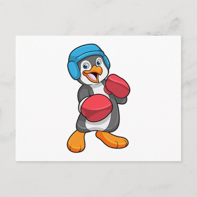 Cartão Postal Pinguim boxeando com luvas e capacete de boxe (Frente)