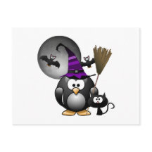 Pinguim Bruxo Bonito com Cena de Halloween