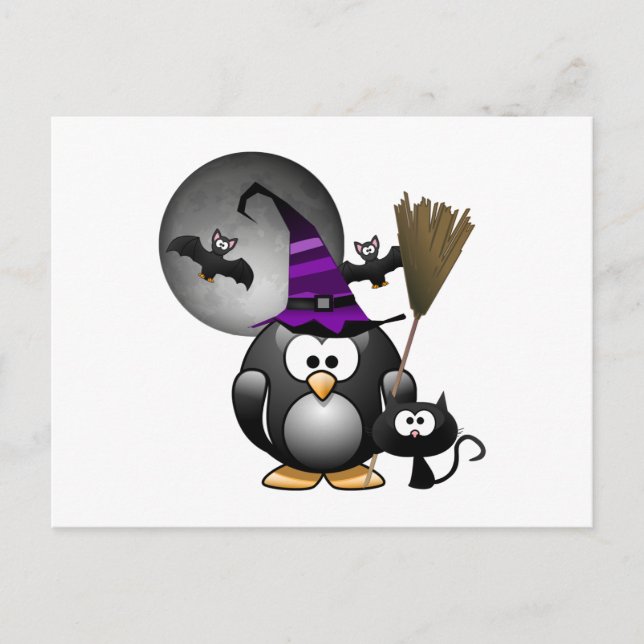 Cartão Postal Pinguim Bruxo Bonito com Cena de Halloween (Frente)