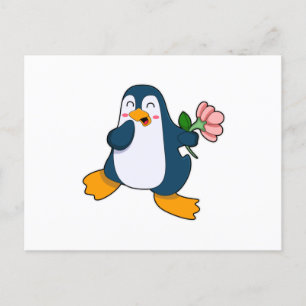 Cartão Postal Pinguim com Flor rosa