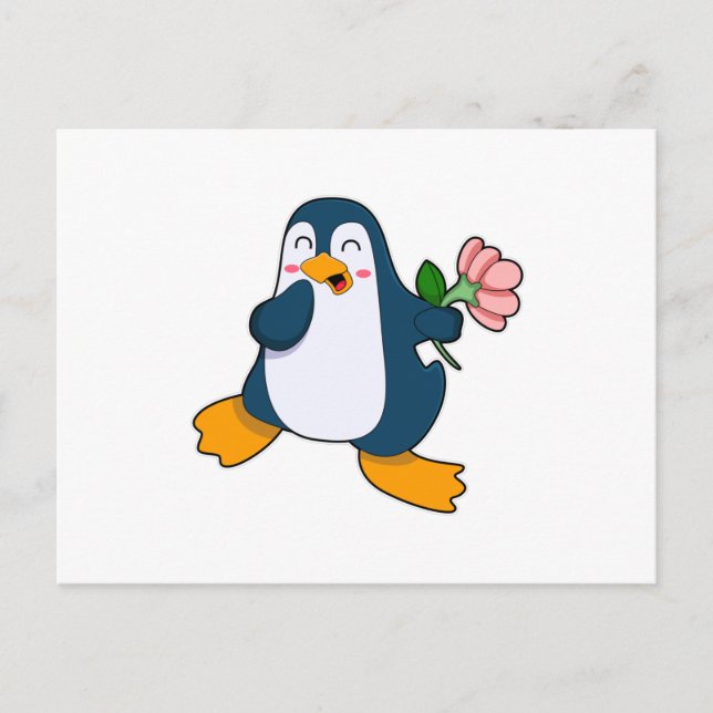 Cartão Postal Pinguim com flor rosa (Frente)