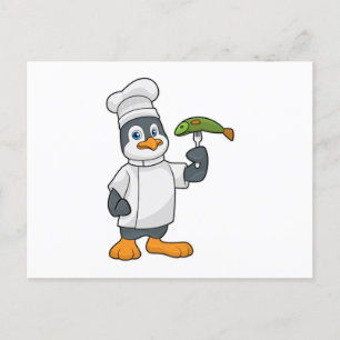 Cartão Postal Pinguim como cozinheiro com placa de peixe e Cozin