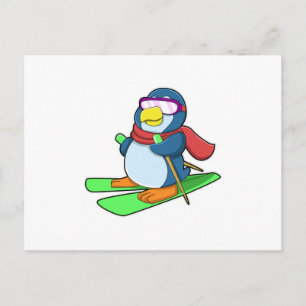 Cartão Postal Pinguim como Esquiador com Cachecol de Esqui & Ócu