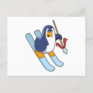 Cartão Postal Pinguim como Esquiador com Esqui