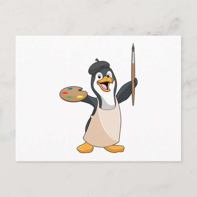 Cartão Postal Pinguim como Pintor com Pincel & Cor (Frente)