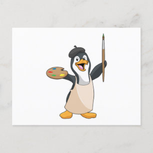 Cartão Postal Pinguim como Pintor com Pincel e Cor
