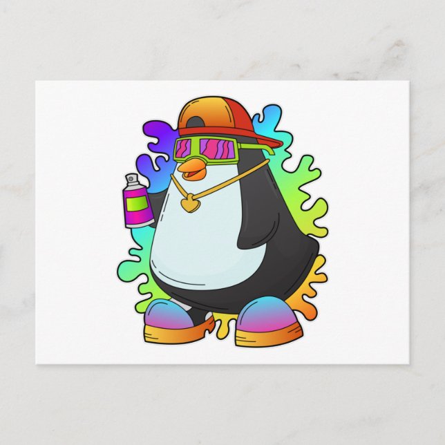 Cartão Postal Pinguim como Pintor com Spray (Frente)