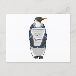Cartão Postal Pinguim como Secretário com Pilha de Papel