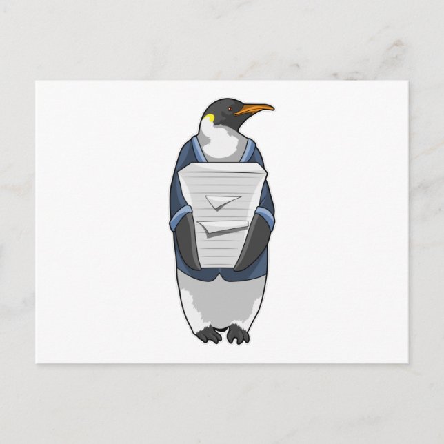 Cartão Postal Pinguim como Secretário com Pilha de papel (Frente)