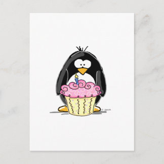 Cartão Postal Pinguim de aniversário com Cupcake
