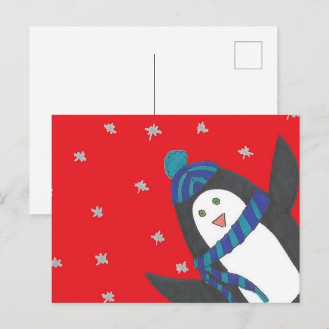 Cartão Postal Pinguim de Natal bonito em vermelho (Frente/Verso)
