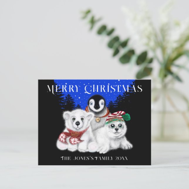 Cartão Postal Pinguim de Natal filhote de urso polar foca filhot (Em pé/Frente)