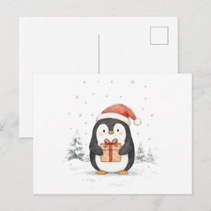 Cartão Postal Pinguim de Natal Fofo com Presente e Chapéu de Pap
