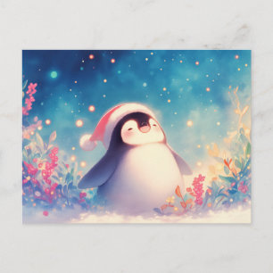 Cartão Postal Pinguim de Natal no Jardim de Flores de Inverno