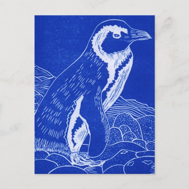 Cartão Postal Pinguim do Linocut Azul (Frente)