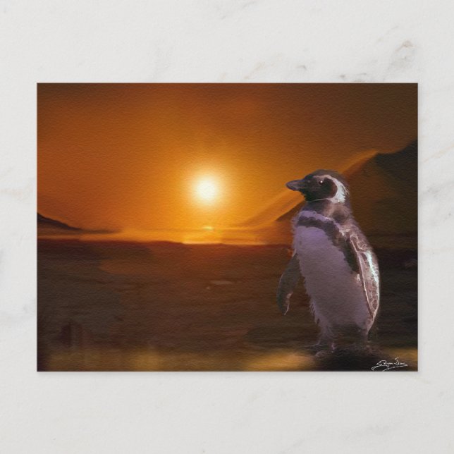 Cartão Postal Pinguim e Arte Sunset Antártica (Frente)