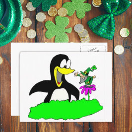 Cartão Postal Pinguim e Leprechaun