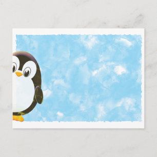 Cartão Postal Pinguim Fofo Aquarela Azul