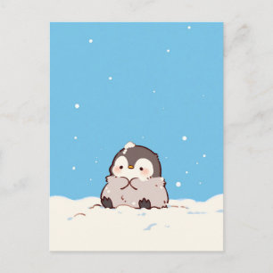 Cartão Postal Pinguim Fofo e Felpudo em Paisagem Invernal Nevada