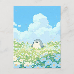 Cartão Postal Pinguim Fofo em Prado Azul e Branco