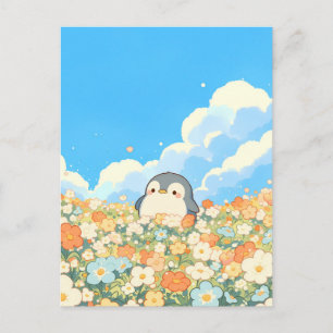 Cartão Postal Pinguim Fofo em Prado de Flores Laranja