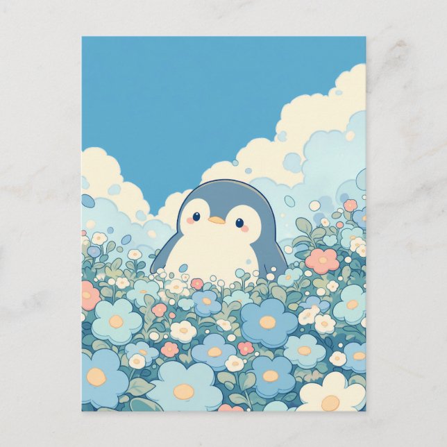 Cartão Postal Pinguim Fofo em Prado de Flores Pastel (Frente)