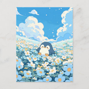 Cartão Postal Pinguim Fofo no Prado de Flores Azuis