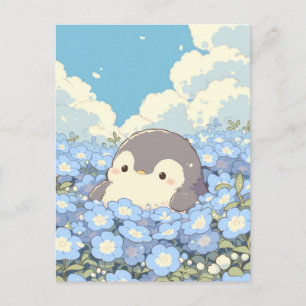 Cartão Postal Pinguim Fofo no Prado de Flores Azuis