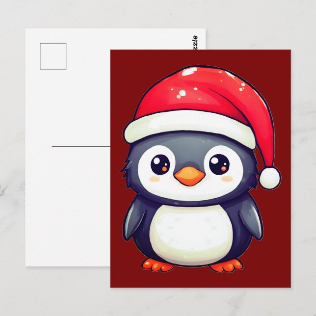 Cartão Postal Pinguim Kawaii Vestindo um Chapéu Noel Cozy neste  (Frente/Verso)