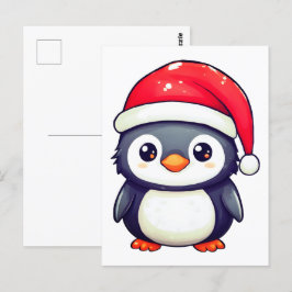 Cartão Postal Pinguim Kawaii Vestindo um Chapéu Noel Cozy neste 