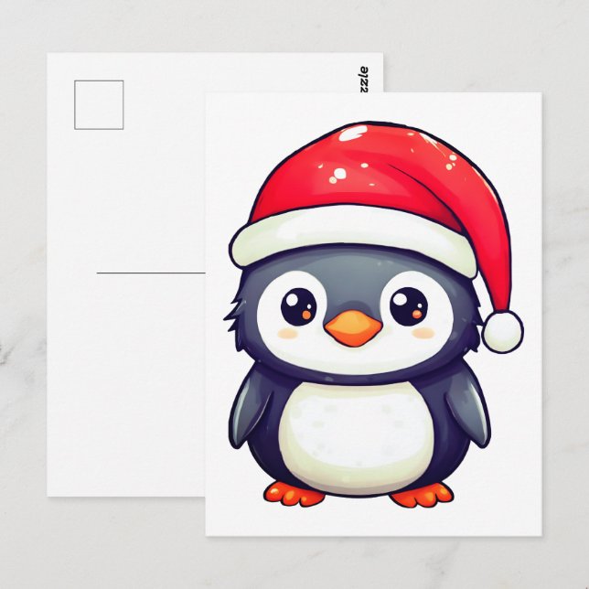 Cartão Postal Pinguim Kawaii Vestindo um Chapéu Noel Cozy neste  (Frente/Verso)