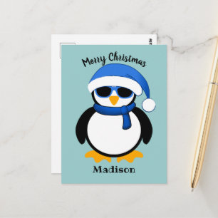 Cartão Postal Pinguim legal fofo Natal feliz azul 