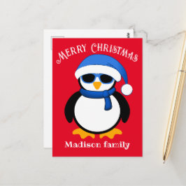Cartão Postal Pinguim legal fofo Natal vermelho