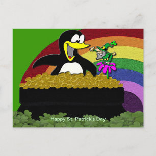 Cartão Postal Pinguim, Leprechaun, Dourado e Arco-íris