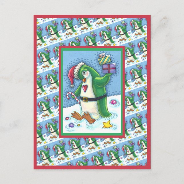 CARTÃO POSTAL PINGUIM NATAL CUTO VESTIDO EM VERDE, FERIADO (Frente)