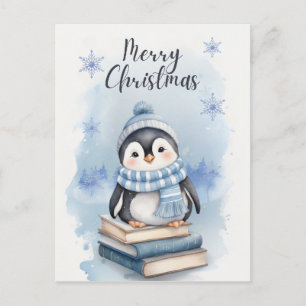 Cartão Postal Pinguim Natal de Watercolor
