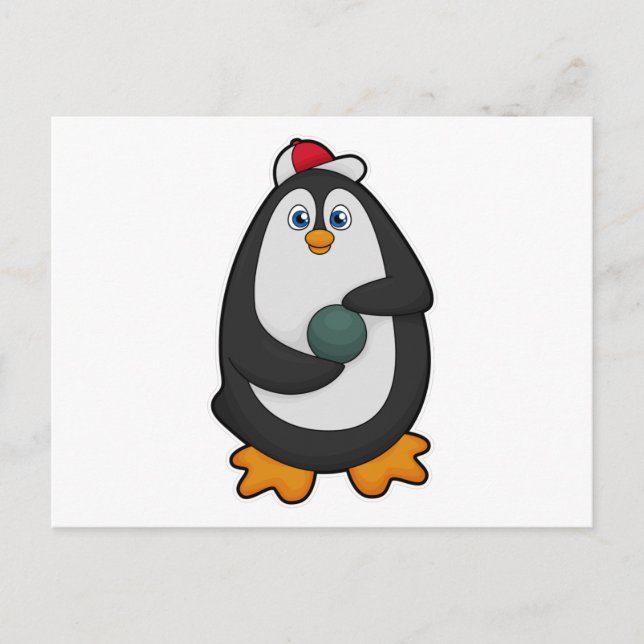 Cartão Postal Pinguim no boliche com bola de boliche (Frente)
