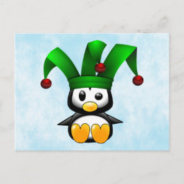Cartão Postal Pinguim no Chapéu do Jester Verde