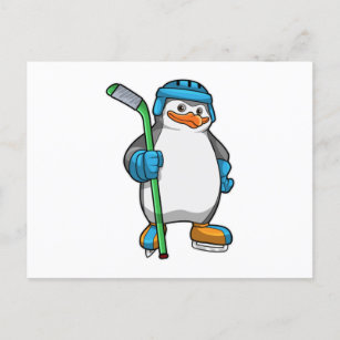 Cartão Postal Pinguim no hóquei no gelo com bastão de hóquei no 