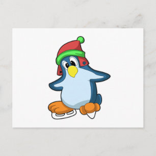 Cartão Postal Pinguim no patinação no gelo com patins de gelo