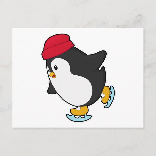 Cartão Postal Pinguim no patins no gelo com chapéu (Frente)
