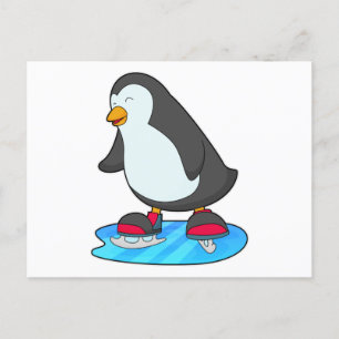 Cartão Postal Pinguim no patins no gelo com patins de gelo