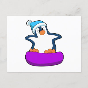 Cartão Postal Pinguim no Snowboarding com Snowboard
