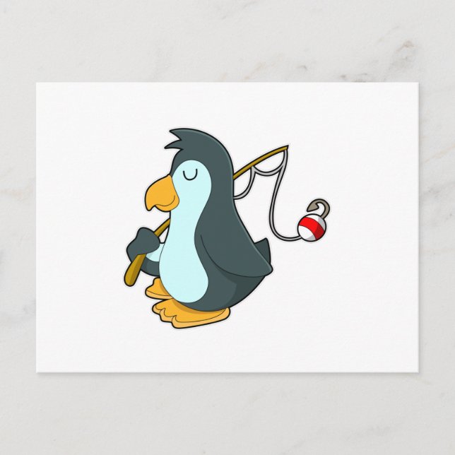Cartão Postal Pinguim pescando com vara de pescar (Frente)