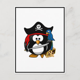 Cartão Postal Pinguim Pirata Bonito com Treasure Chest