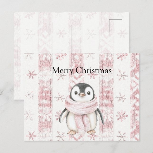 Cartão Postal Pinguim Rosa Flocos de Neve Natal (Frente/Verso)